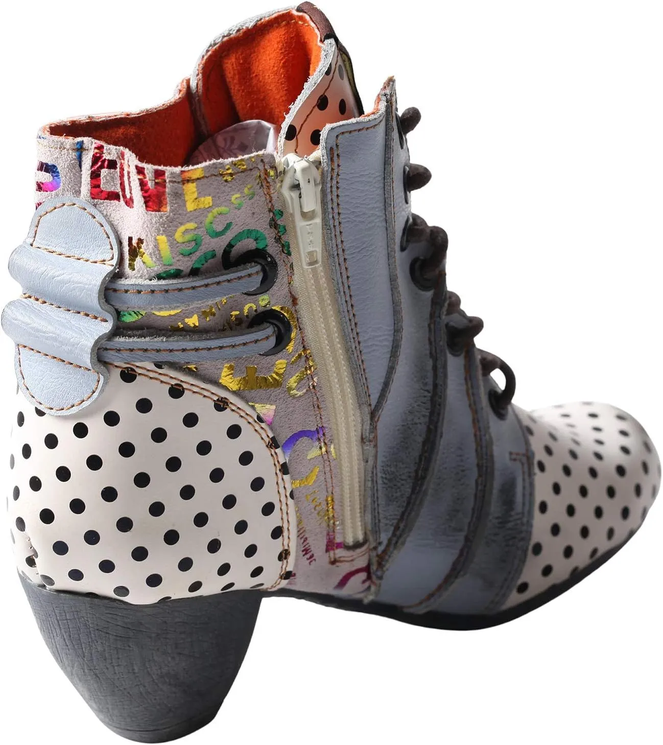TMA EYES Polka Dot LEather Women Boots With Moccasin Hand Stitching