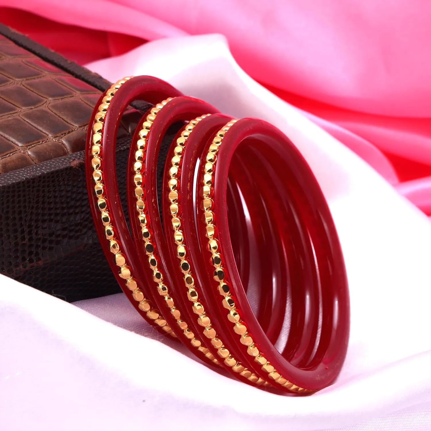Tollywood Designer Women's Gold Plated Red Matar Pola Bangles Set of 4 Gift For Her Handcrafted Jewelry Indian Bangle Bracelets Kangan