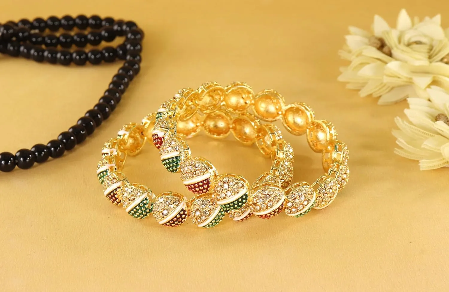 Traditional Alloy Metal With Pearls & Zircon Diamond Kada Bangles Set For Women & Girls | Designer Women's Kangan Chudi - Set Of 2 Kada