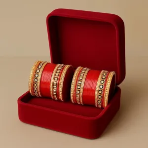 Traditional Indian Wedding Chura Bangles Set, Red and Gold Kundan Bridal Bangles with Jewelry Box