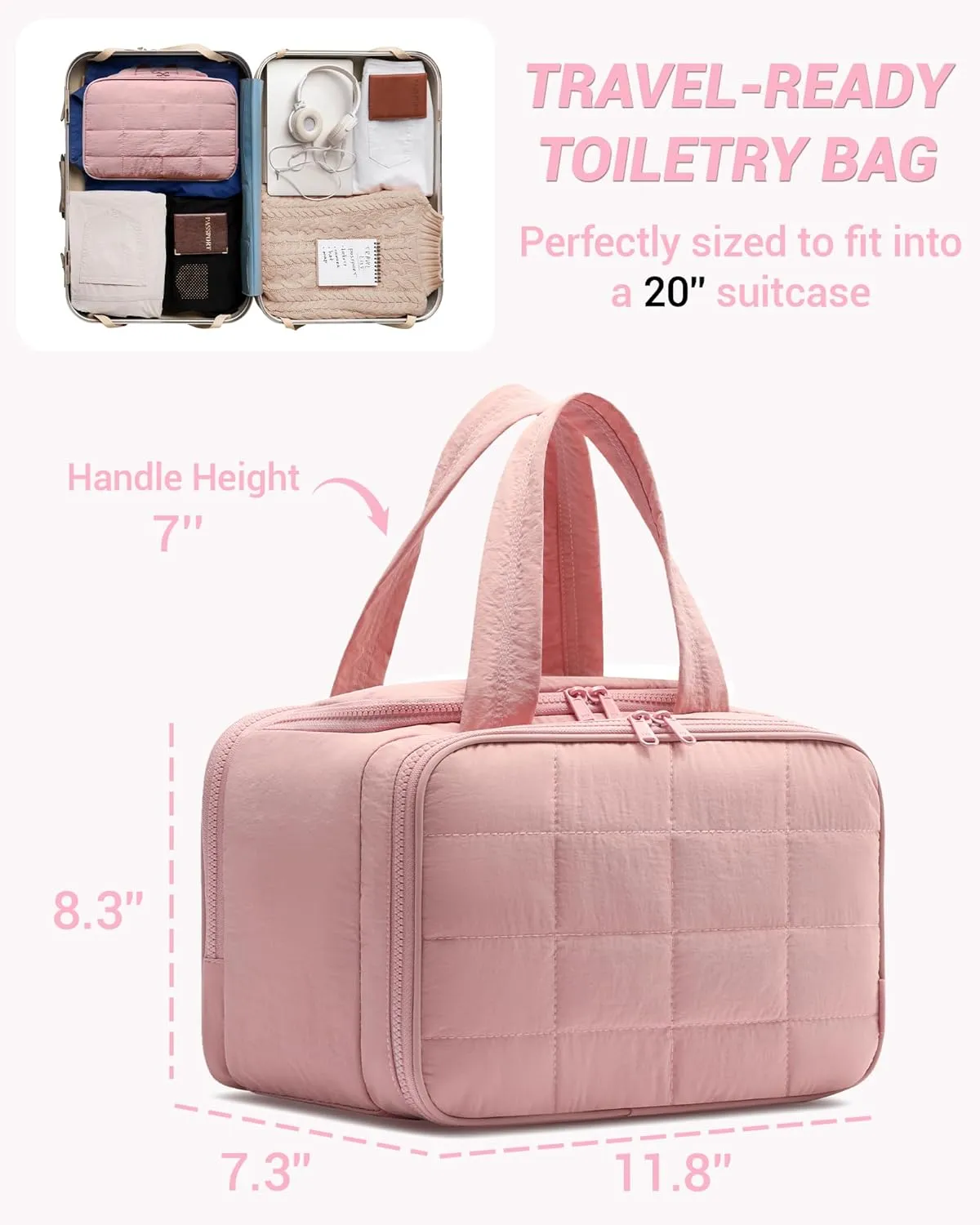 Travel Toiletry Bag, Puffy Wide-open Quilted Makeup Bag for Women,Lightweight Cosmetic Travel Bag Organizer with Handle for Traveling, Accessories, Essentials Toiletries Dark Pink