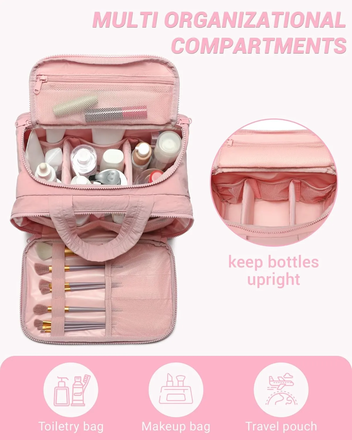 Travel Toiletry Bag, Puffy Wide-open Quilted Makeup Bag for Women,Lightweight Cosmetic Travel Bag Organizer with Handle for Traveling, Accessories, Essentials Toiletries Dark Pink