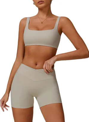 Two Piece Workout Sets for Women Square Neck Sports Bra and Scrunch Butt Lifting Shorts Gym Yoga Active Wear Outfits