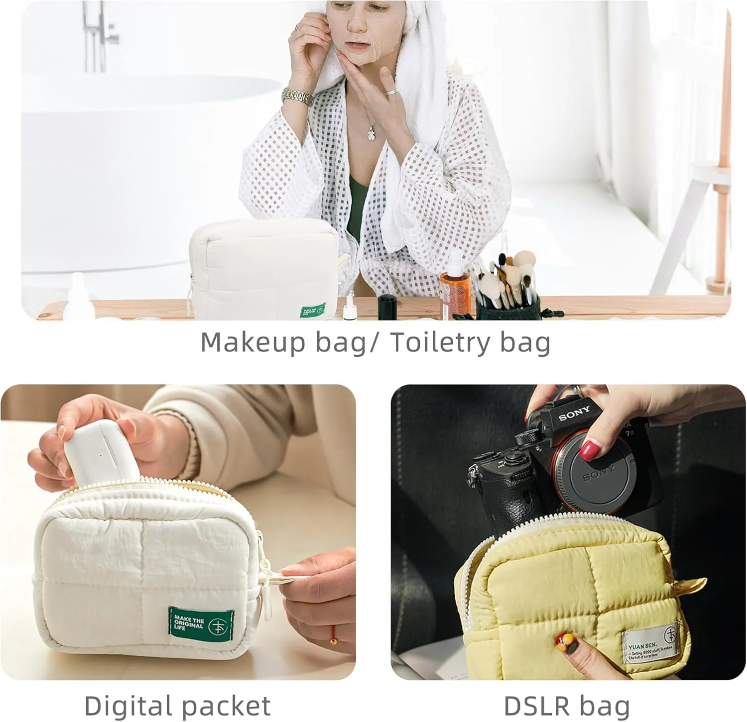 Veki Puffy Makeup Bag, Travel Cosmetic Bags for Women, Cute Quilted Make up Pouch, Toiletry Organizer Travel Essentials and Rectangular Quilted (White, Small)