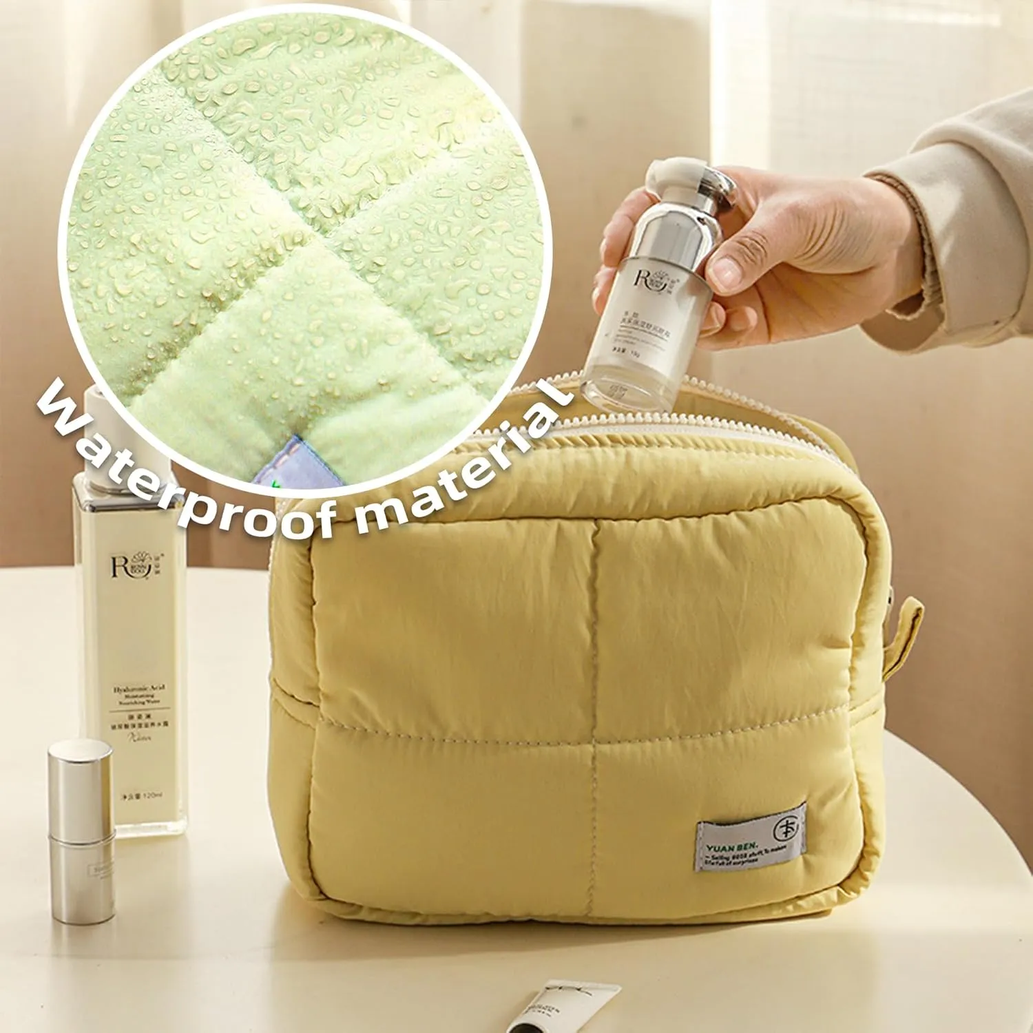 Veki Puffy Makeup Bag, Travel Cosmetic Bags for Women, Cute Quilted Make up Pouch, Toiletry Organizer Travel Essentials and Rectangular Quilted (Yellow, Large)