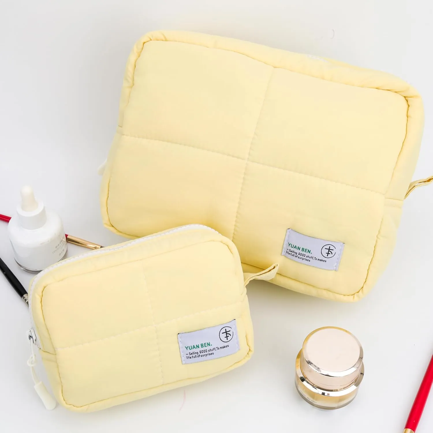 Veki Puffy Makeup Bag, Travel Cosmetic Bags for Women, Cute Quilted Make up Pouch, Toiletry Organizer Travel Essentials and Rectangular Quilted (Yellow, Large)