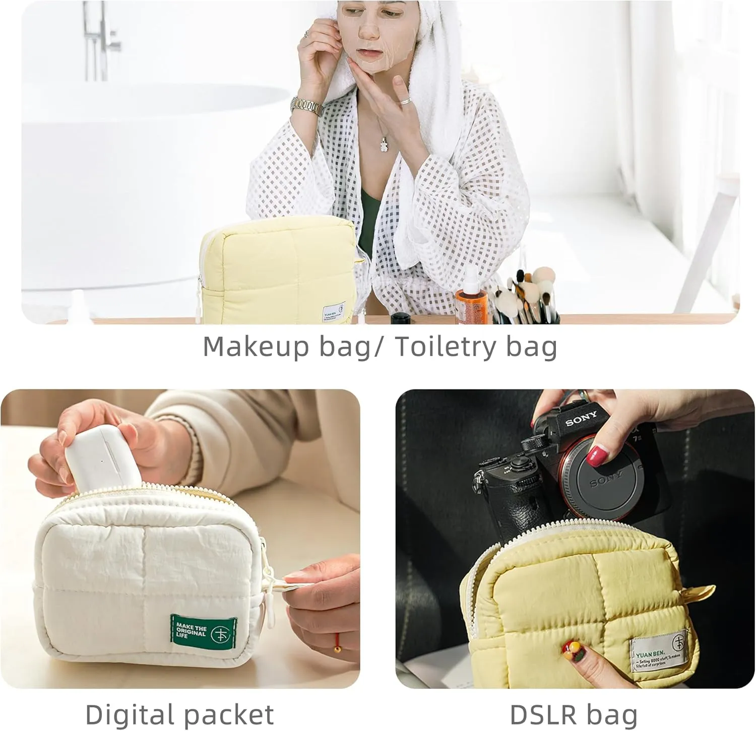 Veki Puffy Makeup Bag, Travel Cosmetic Bags for Women, Cute Quilted Make up Pouch, Toiletry Organizer Travel Essentials and Rectangular Quilted (Yellow, Large)