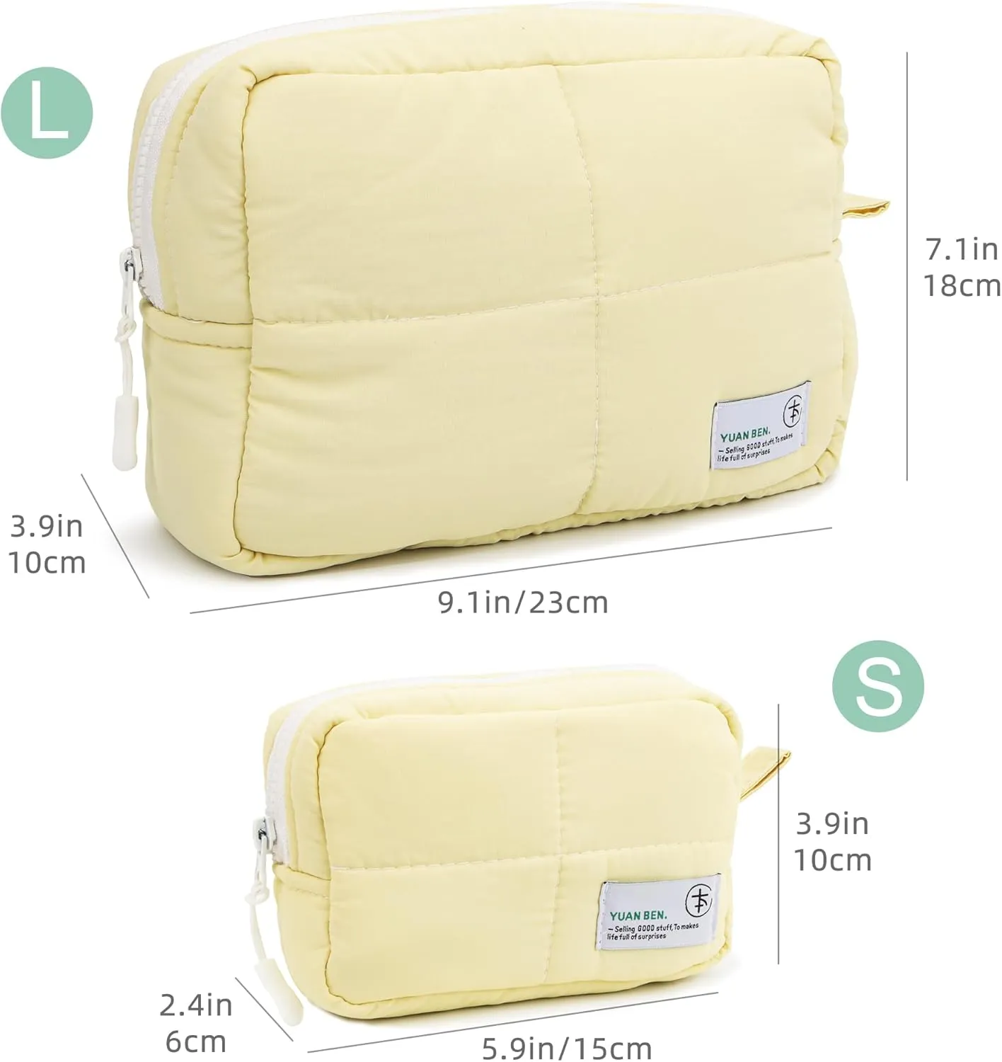 Veki Puffy Makeup Bag, Travel Cosmetic Bags for Women, Cute Quilted Make up Pouch, Toiletry Organizer Travel Essentials and Rectangular Quilted (Yellow, Large)