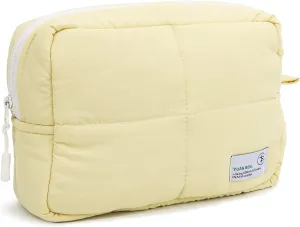 Veki Puffy Makeup Bag, Travel Cosmetic Bags for Women, Cute Quilted Make up Pouch, Toiletry Organizer Travel Essentials and Rectangular Quilted (Yellow, Large)
