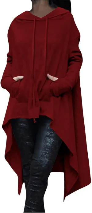 Vintage Long Hooded Sweatshirt for Women Solid Color High Low Hem Gothic Hoodies Long Sleeve Oversized Pocket Tops
