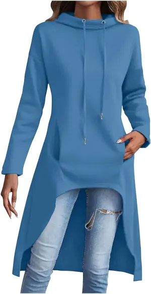 Vintage Long Hooded Sweatshirt for Women Solid Color High Low Hem Gothic Hoodies Long Sleeve Oversized Pocket Tops
