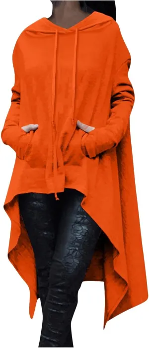 Vintage Long Hooded Sweatshirt for Women Solid Color High Low Hem Gothic Hoodies Long Sleeve Oversized Pocket Tops