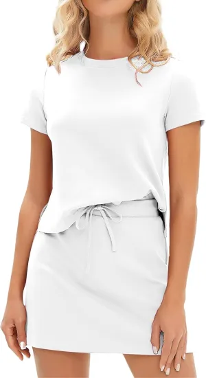 Women 2 Piece Lounge Sets Short Sleeve Tshirt Drawstring Tennis Skort Summer Sweatsuit Lounge Matching Set