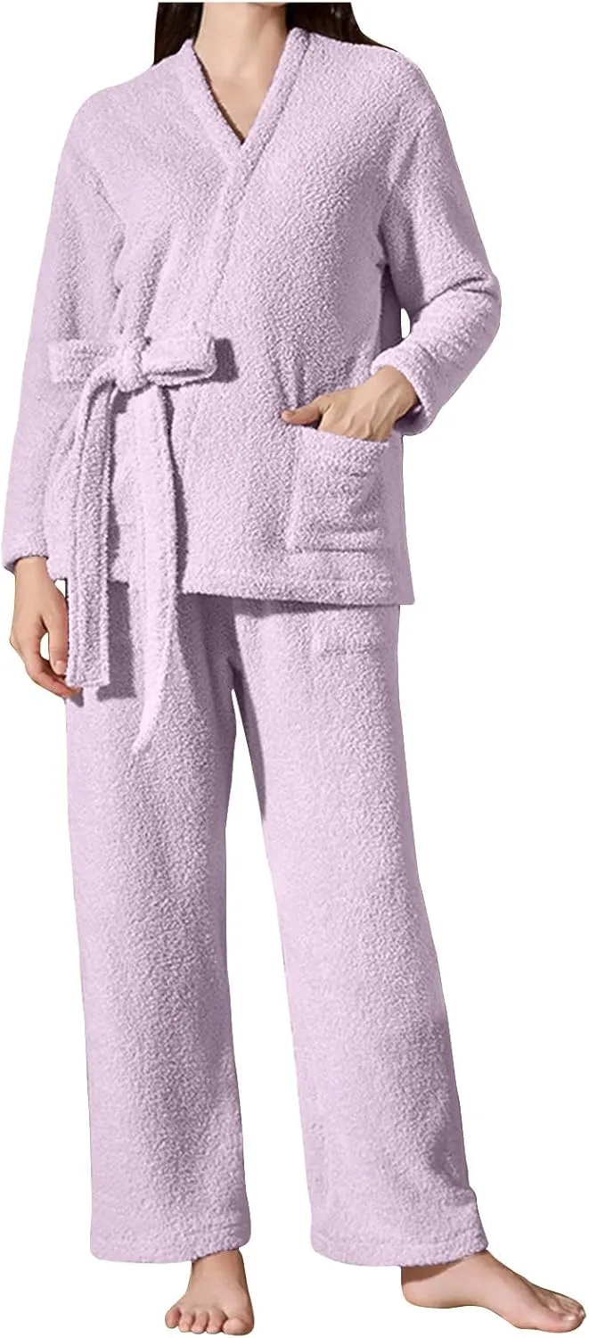 Women Fuzzy Fleece Pajama Set Soft Plush Robe and Pants 2 Piece Sleepwear Loungewear Winter Warm Homewear