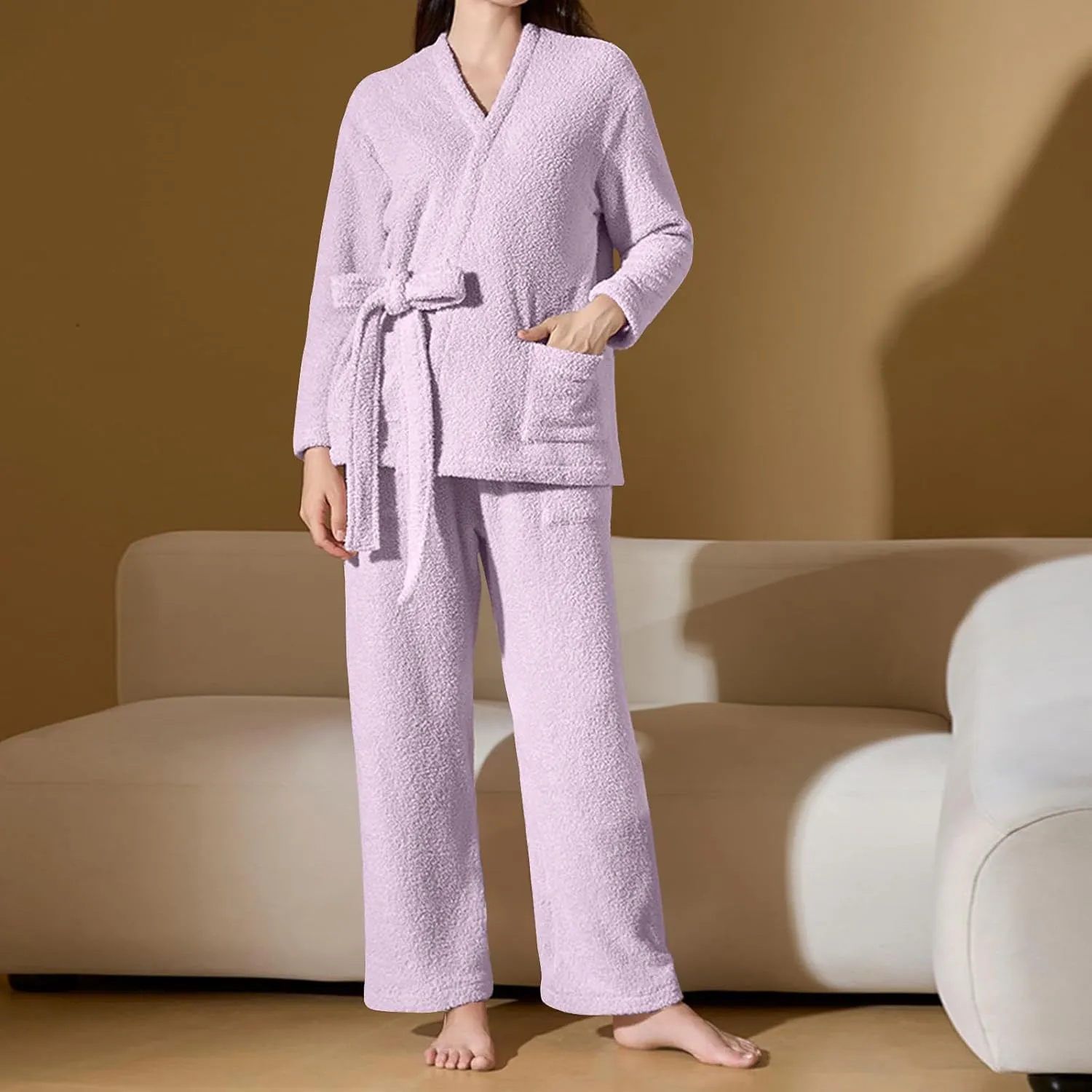 Women Fuzzy Fleece Pajama Set Soft Plush Robe and Pants 2 Piece Sleepwear Loungewear Winter Warm Homewear