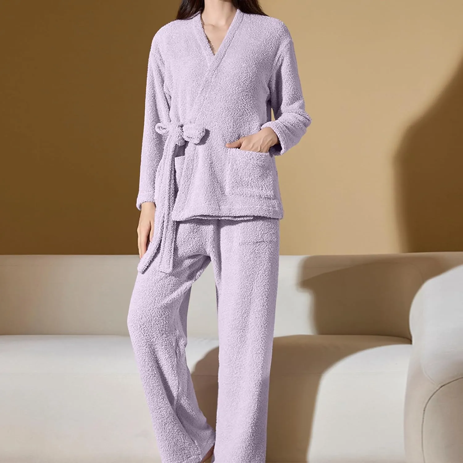Women Fuzzy Fleece Pajama Set Soft Plush Robe and Pants 2 Piece Sleepwear Loungewear Winter Warm Homewear