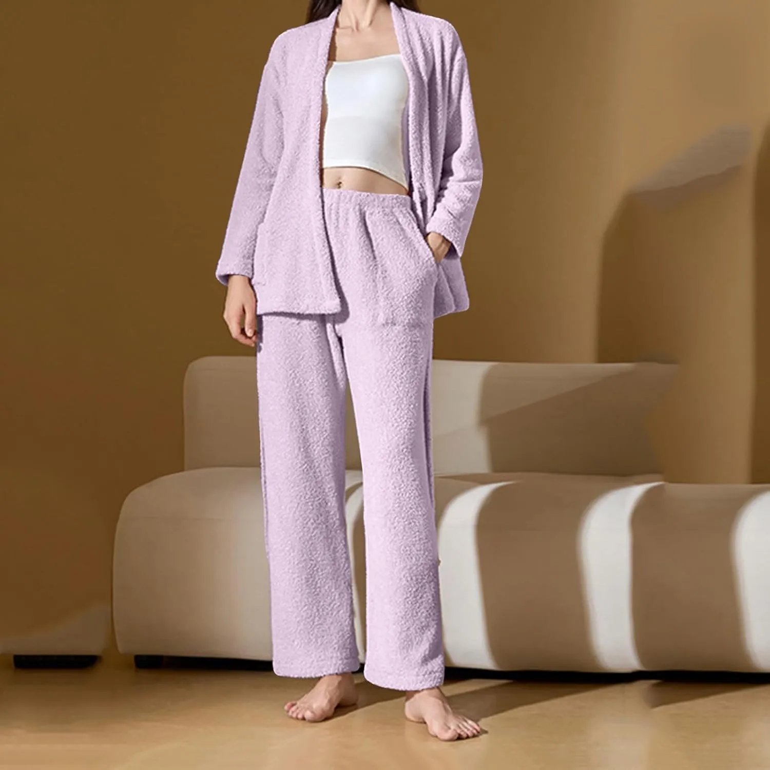 Women Fuzzy Fleece Pajama Set Soft Plush Robe and Pants 2 Piece Sleepwear Loungewear Winter Warm Homewear