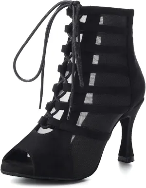 Women Latin Dance Shoes Lace up Open Toe Salsa Ballrooom Dancing Ankle Boots High Heel, Model L583