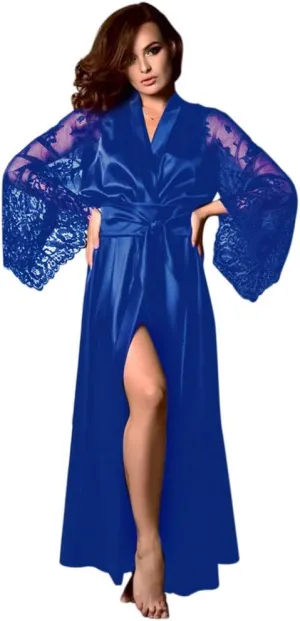 Women Sexy Silk Satin Long Robe Nightdress Lace Long Sleeve Dressing Gown Ladies Bridesmaid Robe Nightgown Sleepwear