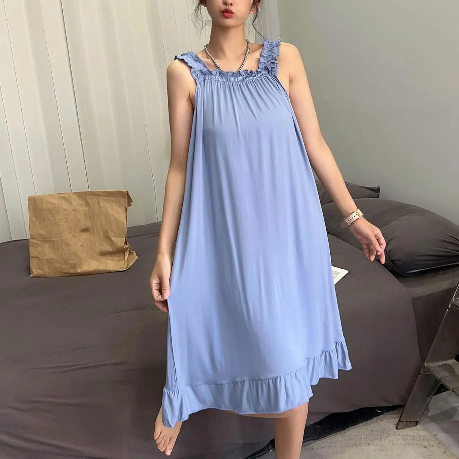 Women Sleeveless Nightgowns Modal Ruffle Sleepshirt Soft Sleepdress Wide Strap Fashion Sleepwear Solid Pajama Dress
