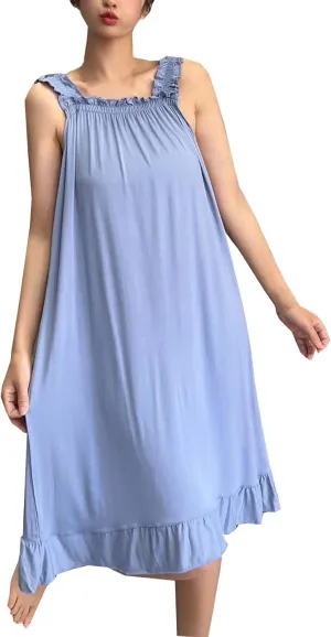Women Sleeveless Nightgowns Modal Ruffle Sleepshirt Soft Sleepdress Wide Strap Fashion Sleepwear Solid Pajama Dress