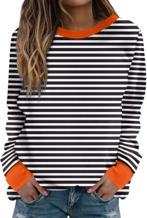 Women Striped Crewneck Sweatshirts Trendy 2024 Pullover Tops Long Sleeve Preppy Shirts Fall Fashion Clothing