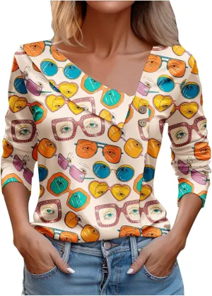 Women Tops Spring 2024 Long Sleeve V Neck Loose Shirts Plaid Print Asymmetric Button Blouses Business Casual Tunic