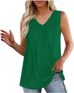 Women V Neck Summer Tank Tops Loose Fitting Sleeveless Flowy Tunic Dressy Casual Long Shirt Blouses Trendy Clothing
