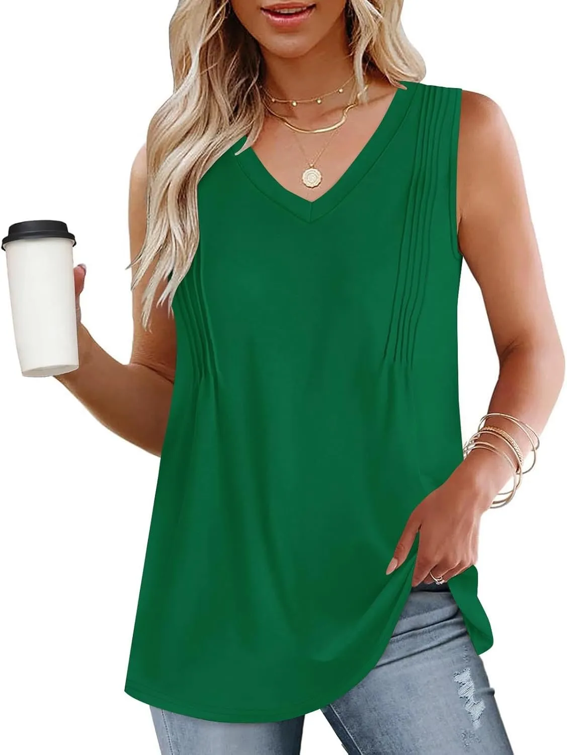 Women V Neck Summer Tank Tops Loose Fitting Sleeveless Flowy Tunic Dressy Casual Long Shirt Blouses Trendy Clothing