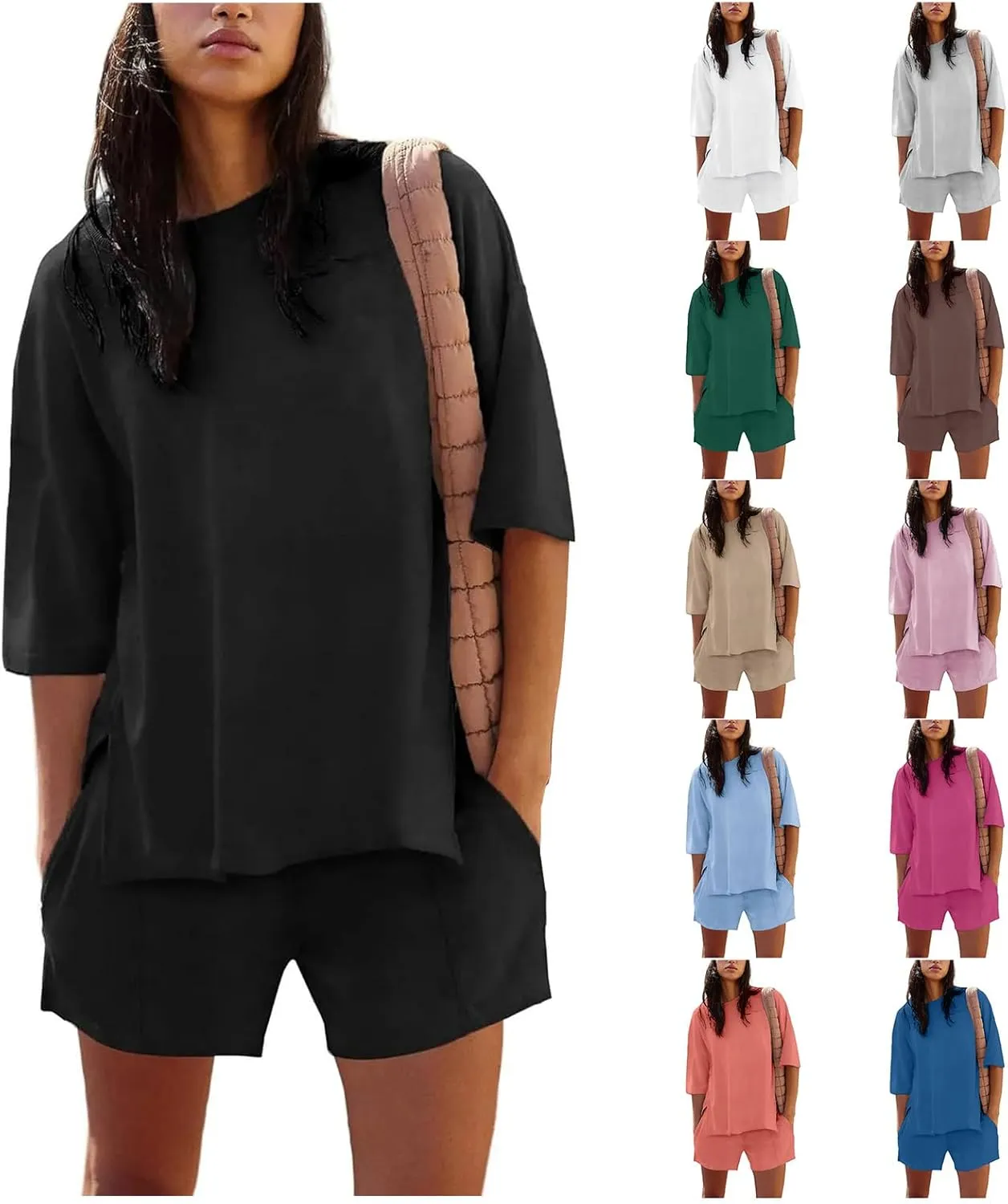 Womens 2 Piece Sets Summer Outfits Half Sleeve Crew Neck Shirts Baggy Shorts Cute Matching Sets Clothing