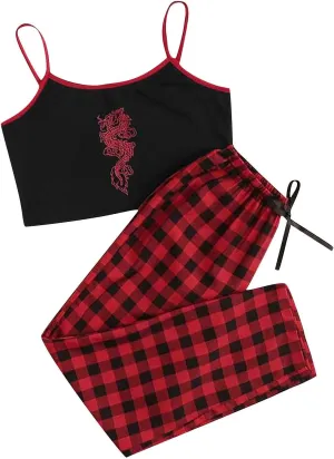 Women's 2pcs Pajama Sets Casual Comfy Camisole Shorts Nightgown Trendy Y2k Dragon Skeleton Graphic Lounge Sleepwear