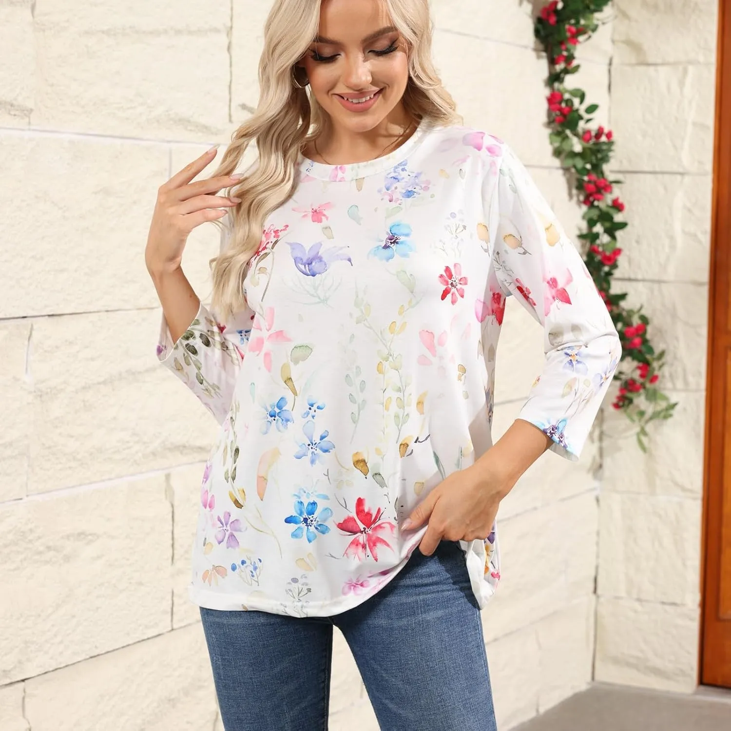 Womens 3/4 Sleeve Tops 2025 Summer Print Round Neck Shirts Loose Fit Three Quarter Sleeve Tshirts