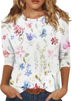Womens 3/4 Sleeve Tops 2025 Summer Print Round Neck Shirts Loose Fit Three Quarter Sleeve Tshirts