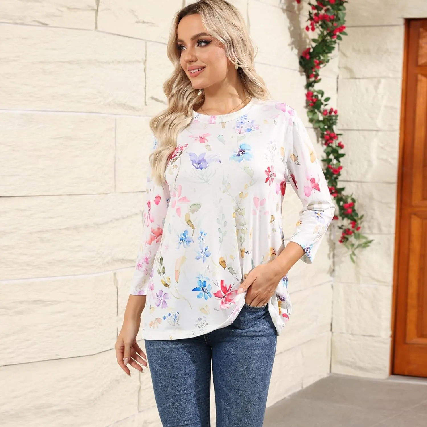 Womens 3/4 Sleeve Tops 2025 Summer Print Round Neck Shirts Loose Fit Three Quarter Sleeve Tshirts
