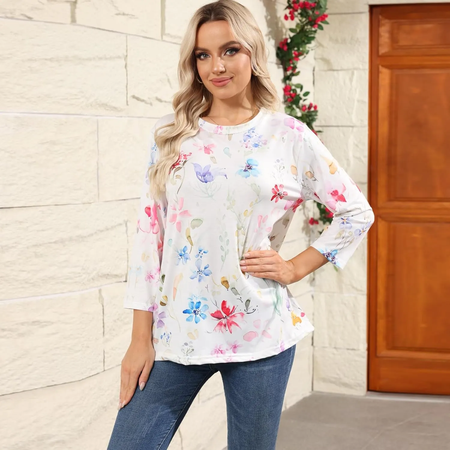 Womens 3/4 Sleeve Tops 2025 Summer Print Round Neck Shirts Loose Fit Three Quarter Sleeve Tshirts