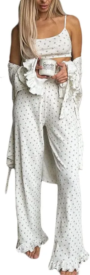 Women's 3Pcs Heart Pajamas Set Sleepwear Tank Robe and Pants Pajamas Loungewear Outfits
