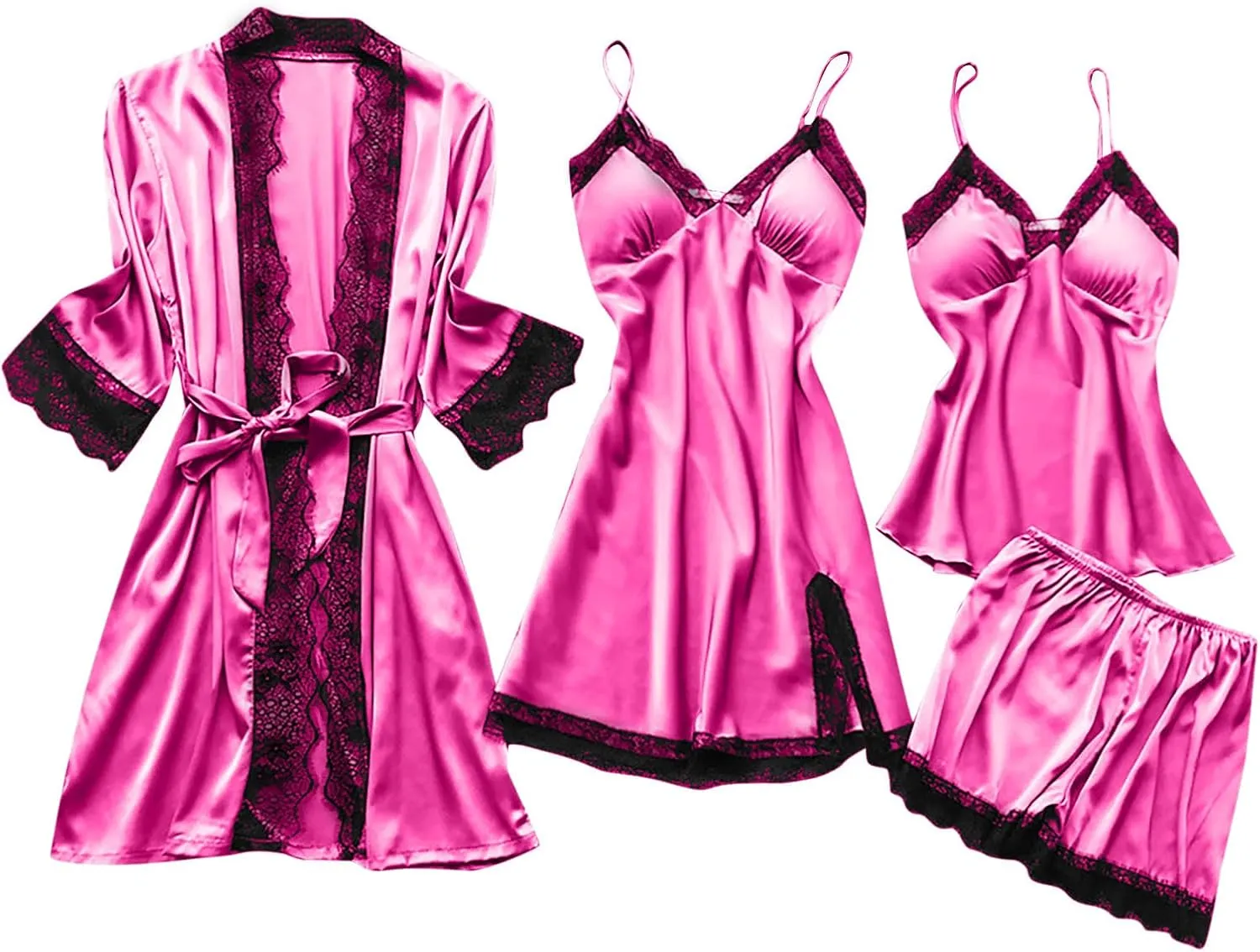 Women's 4pcs Lace Satin Pajamas Sexy Robes Sets Cami Shorts Silk Matching Sleepwear Summer Fashion Soft Pjs Outfits