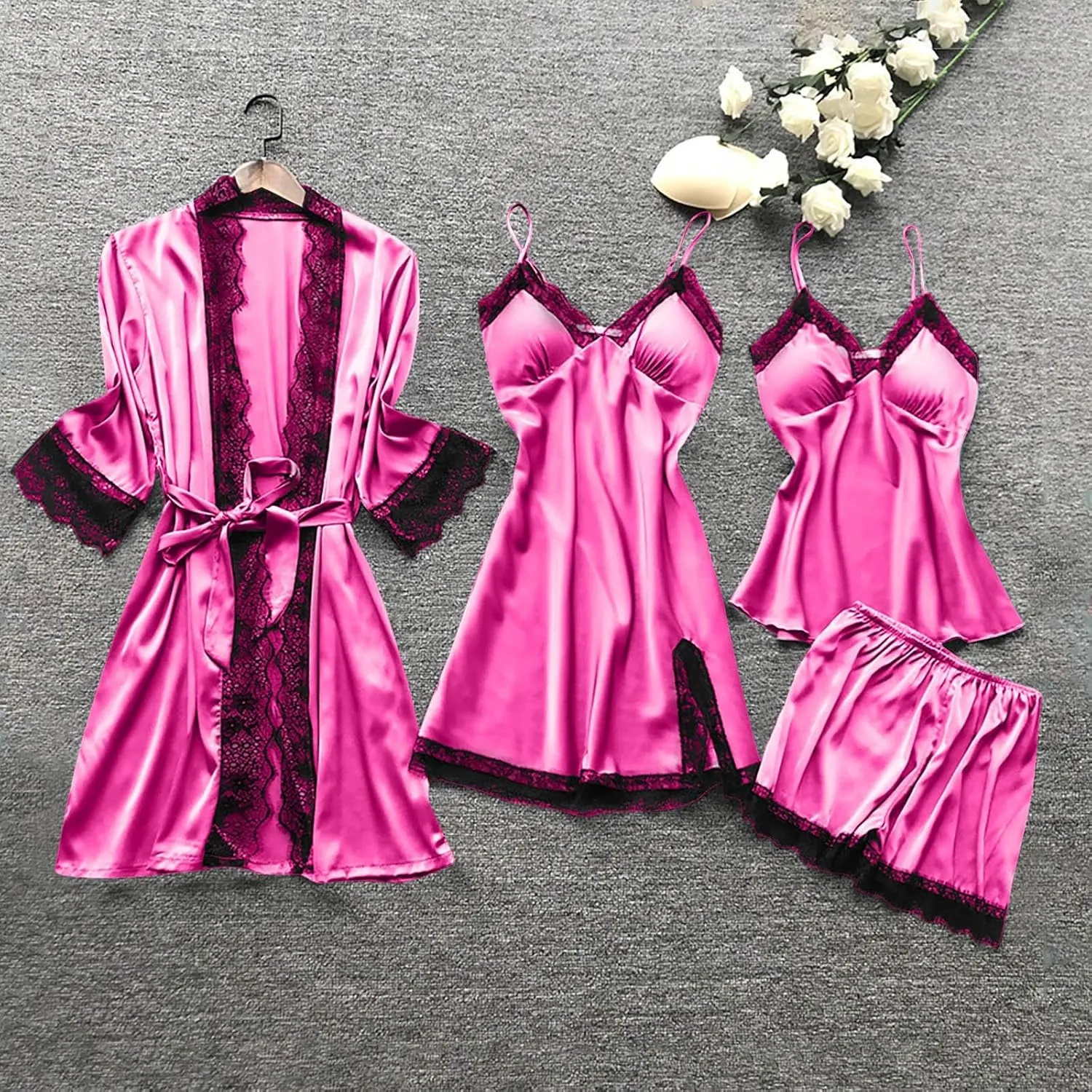 Women's 4pcs Lace Satin Pajamas Sexy Robes Sets Cami Shorts Silk Matching Sleepwear Summer Fashion Soft Pjs Outfits