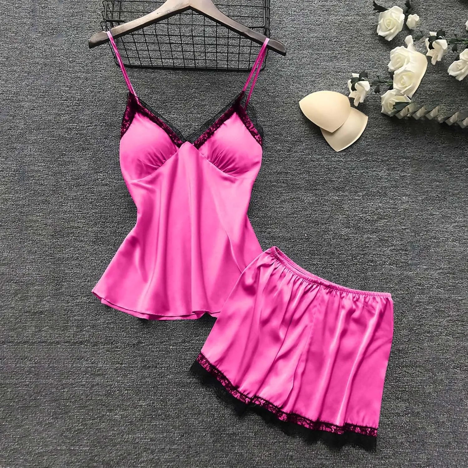 Women's 4pcs Lace Satin Pajamas Sexy Robes Sets Cami Shorts Silk Matching Sleepwear Summer Fashion Soft Pjs Outfits