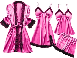 Women's 4pcs Lace Satin Pajamas Sexy Robes Sets Cami Shorts Silk Matching Sleepwear Summer Fashion Soft Pjs Outfits