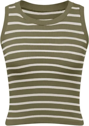 Womens Basic Tops 2025 Summer High Round Neck Striped Printed Knit Tank Tops Slim Fit Casual Sleeveless Going Out Top