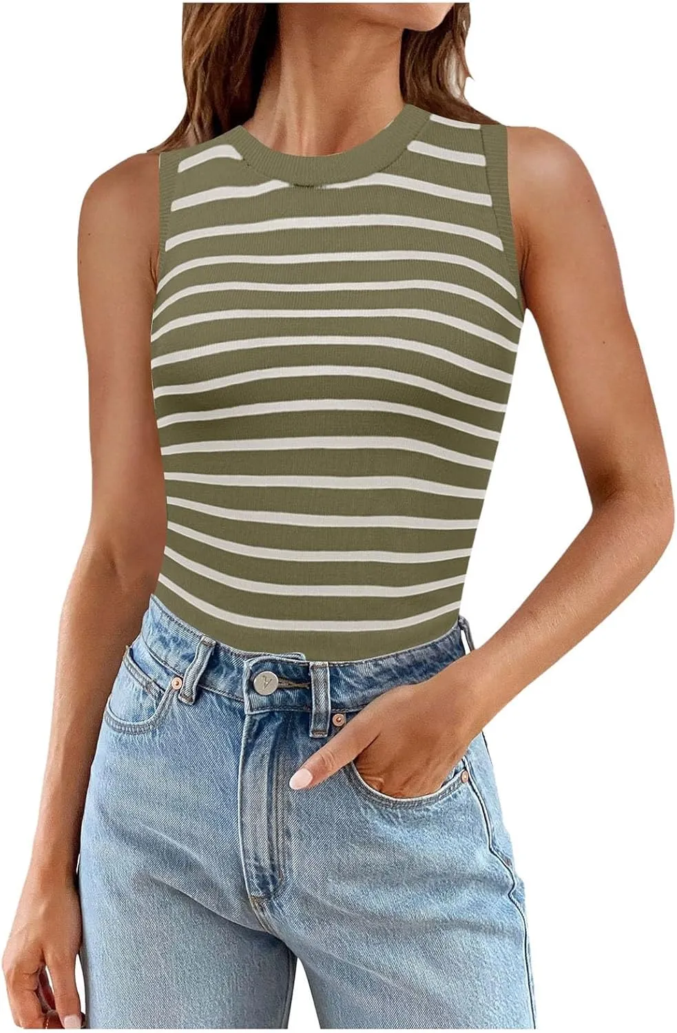 Womens Basic Tops 2025 Summer High Round Neck Striped Printed Knit Tank Tops Slim Fit Casual Sleeveless Going Out Top