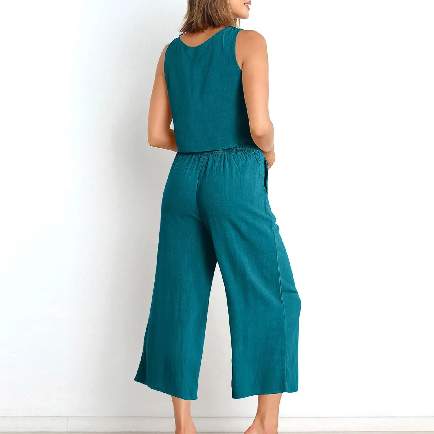 Womens Cotton Linen 2 Piece Outfits Sleeveless Crop Tank Tops Wide Leg Pants Set Casual Beach Travel Sets