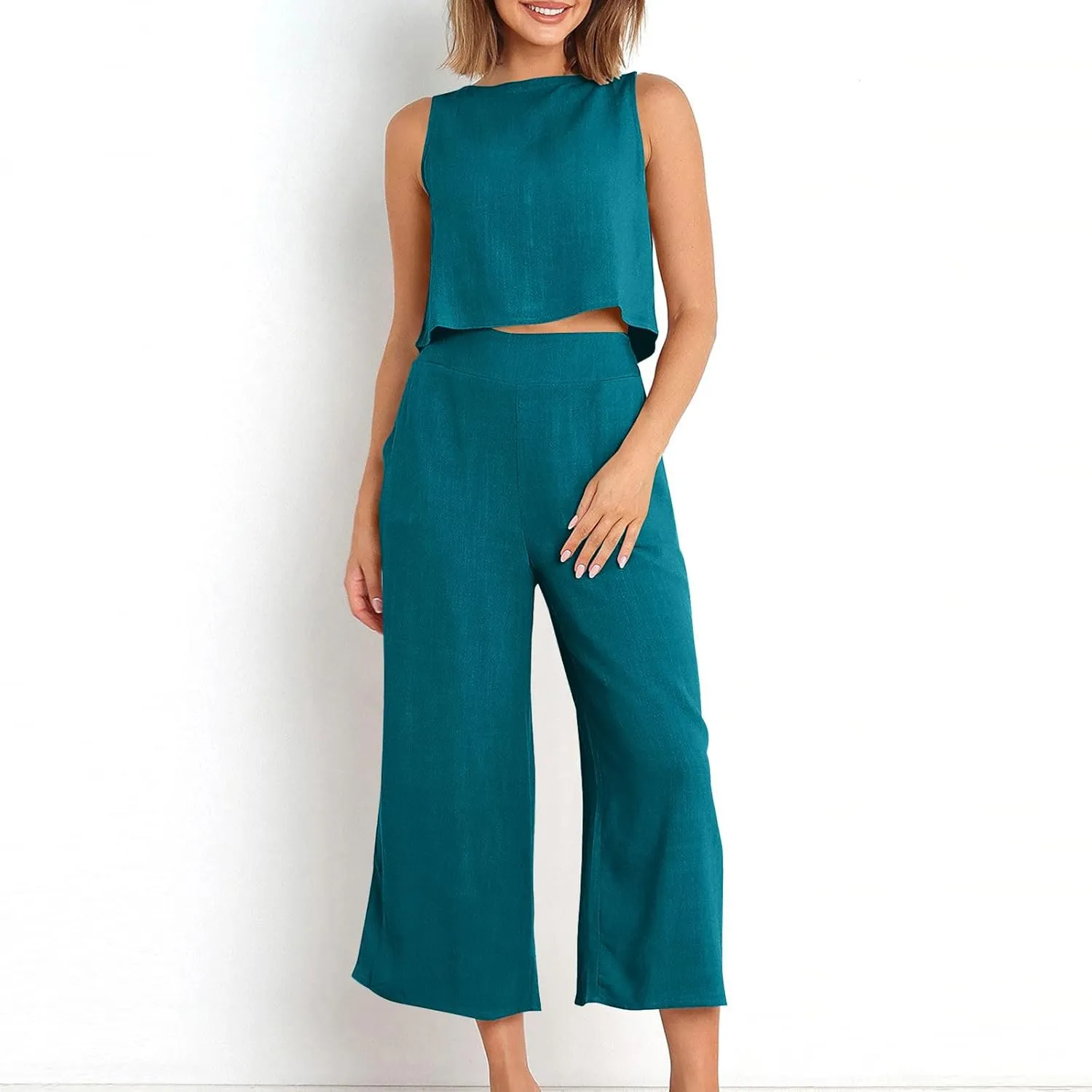 Womens Cotton Linen 2 Piece Outfits Sleeveless Crop Tank Tops Wide Leg Pants Set Casual Beach Travel Sets