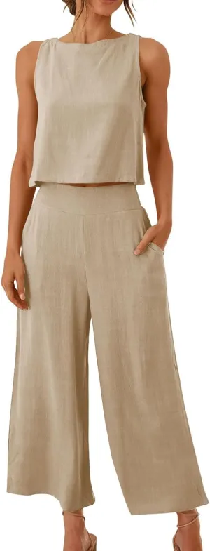 Womens Cotton Linen 2 Piece Outfits Sleeveless Crop Tank Tops Wide Leg Pants Set Casual Beach Travel Sets