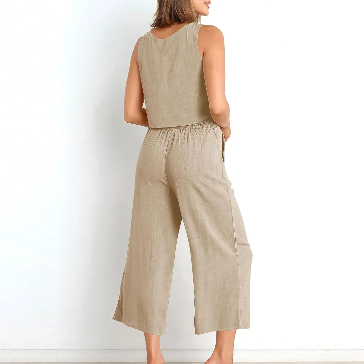 Womens Cotton Linen 2 Piece Outfits Sleeveless Crop Tank Tops Wide Leg Pants Set Casual Beach Travel Sets