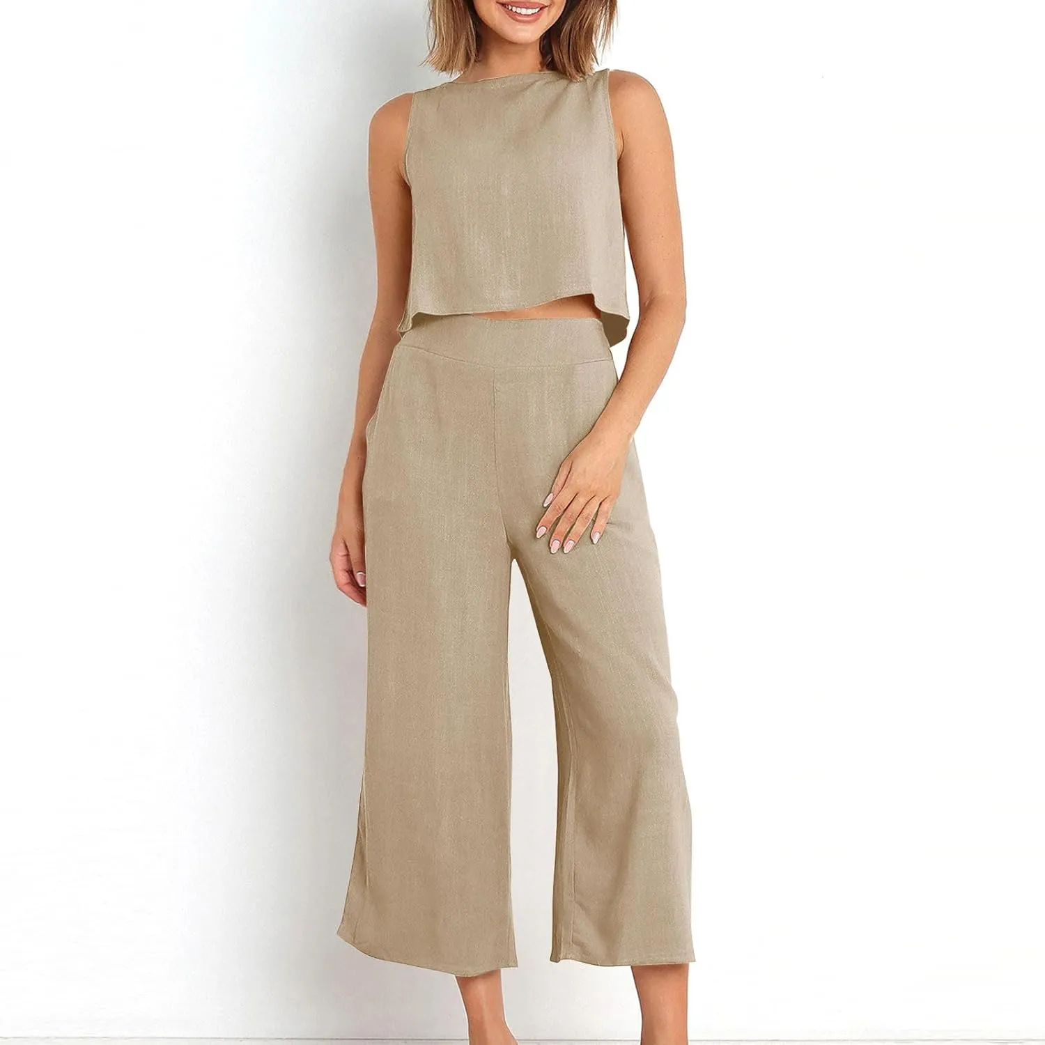 Womens Cotton Linen 2 Piece Outfits Sleeveless Crop Tank Tops Wide Leg Pants Set Casual Beach Travel Sets