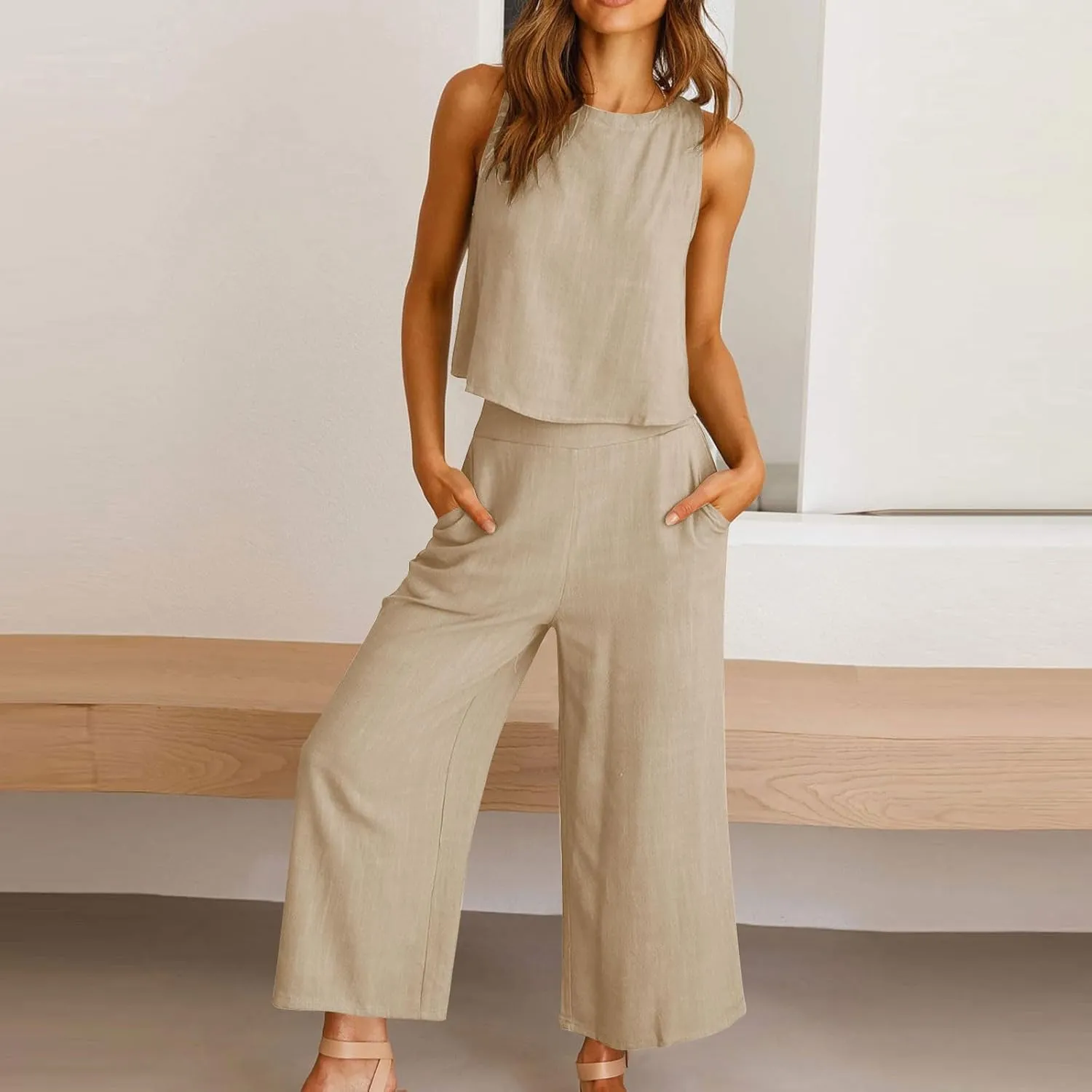 Womens Cotton Linen 2 Piece Outfits Sleeveless Crop Tank Tops Wide Leg Pants Set Casual Beach Travel Sets