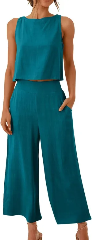 Womens Cotton Linen 2 Piece Outfits Sleeveless Crop Tank Tops Wide Leg Pants Set Casual Beach Travel Sets