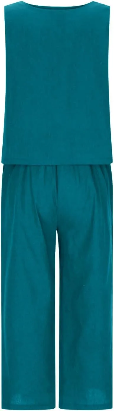 Womens Cotton Linen 2 Piece Outfits Sleeveless Crop Tank Tops Wide Leg Pants Set Casual Beach Travel Sets